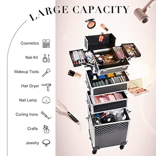 Joligrace 4-in-1 Tall Vanity Case for Women Makeup Box Make Up Beauty Trolley on Wheels Professional Large Makeup Case Organiser Rolling Box Nail Technician case with Locks (Black) — view 2