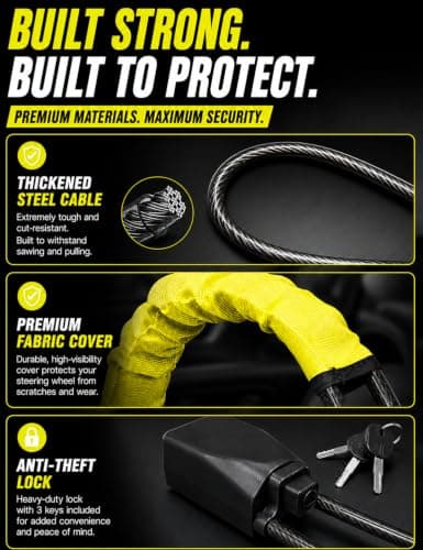 Xtremeauto Steering Wheel & Seat Belt Lock – Dual Anti-Theft Vehicle Security Lock with Cut Resistant Steel Cable, High Visibility Cover & 3 Keys – Universal Fit for Cars, SUVs & Vans (Yellow) — view 3