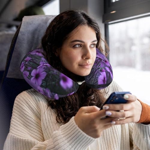 AUGUSTRUSH Memory Foam Neck Pillow - Travel Pillow With Adjustable Clasp, Removable Washable Cover For Airplane Office Car, Ergonomic Support Comfortable U-Shaped Pillow, Lavender Bouquet Print — view 5