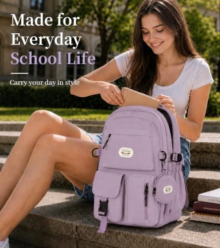 BECOJADDE Backpack School Bag for Women and Girls, 15.6" Laptop, Purple 25L — view 2