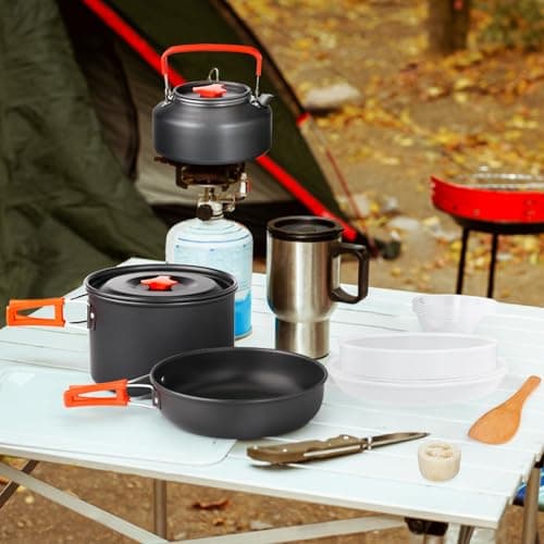 Gutsdoor Camping Cookware Set Camping Cooking Set Non Stick Family Backpacking Cooking Set Lightweight Stackable Pot Pan Bowls with Storage Bag for Outdoor Hiking (16pcs (Orange)) — view 6