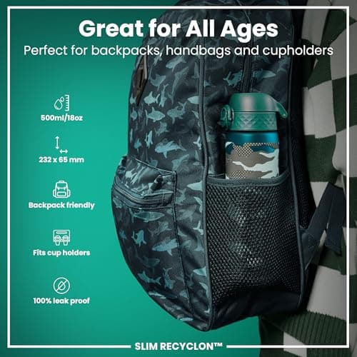 Ion8 Water Bottle, 500ml/18oz, Slim Leak Proof & BPA-Free Drinking Bottle, Secure Lock Prevents Spills, Dishwasher Safe, Carry Handle, Ideal for Adults & Kids - Travel, Gym & School, Aqua, Camo — view 2