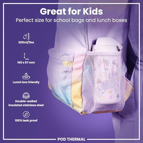 Ion8 Insulated Steel Water Bottle, 320 ml/11 oz, Leak Proof, Easy to Open, Secure Lock, Dishwasher Safe, Carry Handle, Flip Cover, Metal Water Bottle, Raised Print, Stainless Steel, Pink Unicorns — view 2