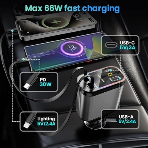 4 in 1 Car Charger Retractable 66W Fast USB C Car with Starry Sky Light 180° Adjustable Car Charger Compatible for iPhone 15/14/13/12 Galaxy S24/S23 Android Devices–Cars,SUVs,RVs,Trucks — view 2