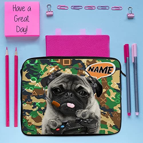 Personalised Gamer Tablet Sleeve Laptop Case Boys iPad Zip Pouch Protective Carry Travel Bag Pug Dog Birthday Gift PUG CAMER CAMO (Large 14" – 15.6") — view 4
