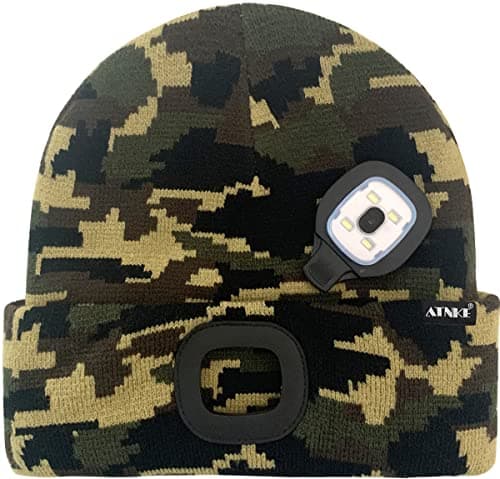 ATNKE LED Lighted Beanie Cap,USB Rechargeable 4 LED Red and Blue Glow Flashing Running Headlamp Hat Winter Warm Gifts for Men and Women/Camouflage Green — view 3