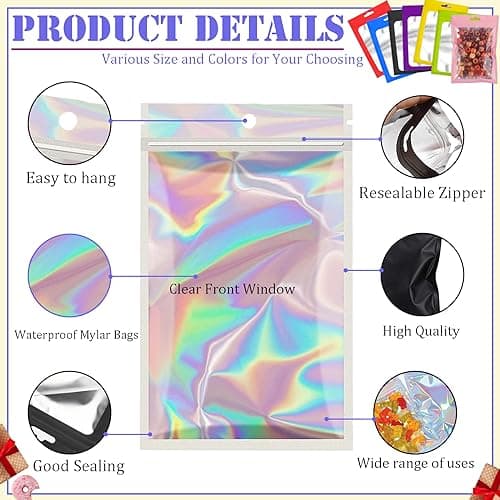 YAAVAAW Silver Foil Ziplock Bags Medium Smell Proof Bag Mylar Holographic Packaging Bags, 20pcs Resealable Storage Pouches Grip Seal Clear Plastic for Food Storage, Jewelry, 6.3x9.5inch(16x24cm) — view 3