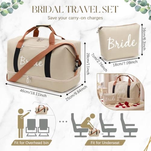 Eccliy 2 Pcs Bride Travel Bag Set Bridal Shower Gifts Shoulder Weekender Duffel Bag with Shoe Compartment and Makeup Pouch for Honeymoon Wedding Bachelorette Engagement Gifts — view 2