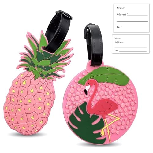 2PCS Luggage Tags for Suitcases, Pink Silicone Cute Flamingo & Pineapple Design Travel Baggage Labels, Waterproof Suitcase ID Tags, Easy to Identify Luggage Tags for Travel