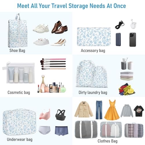 10pcs Packing Cubes for Suitcases, Travel Organiser Packing Bags for Clothes Shoes Toiletries Travel Luggage Organizers Storage Bags (blue flower) — view 3