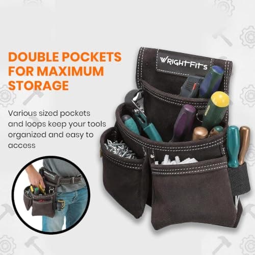 WrightFits Heavy Duty Leather Tool Pouch – 4 Pocket Tool Belt Organiser with Hammer Loop, Metal D-Ring & Nail Holder | Brown Suede Leather Work Pouch for Carpenters, Electricians & Builders — view 2