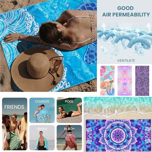 Large Microfibre Beach Towel for Adult,160x90cm Double Side Sand Free Beach Towel,Blue Striped Lightweight Quick Dry Travel Swim Towel with Bag,Compact and Thin Sports Towel Yoga Gym for Women Men — view 5