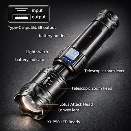 Boulton LED Torch Rechargeable – Super Bright Hand Flashlight Torches with 3 Light Modes, Adjustable Telescopic Zoom, USB Charging and Battery Indicator – Lightweight LED Light Torch — view 2