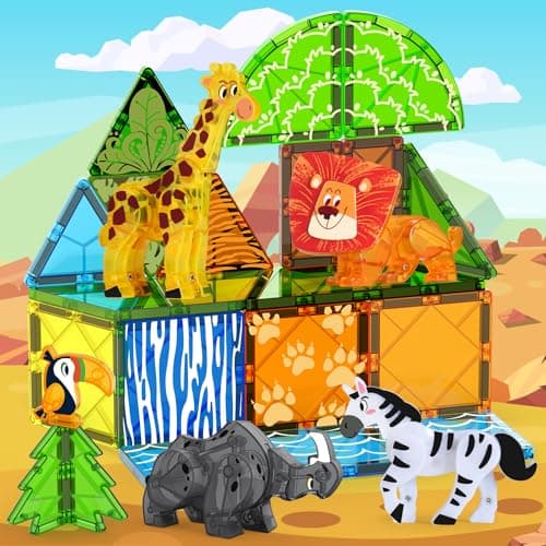 Oriate Magnet Safari Animals Magnetic Tiles Blocks, 30pcs Movable Joint Zoo Animals with Magnetic Building Construction Magnet Tiles, Lion Zebra Giraffe Kids Educational Animal Toy Zoo Travel Set — view 2