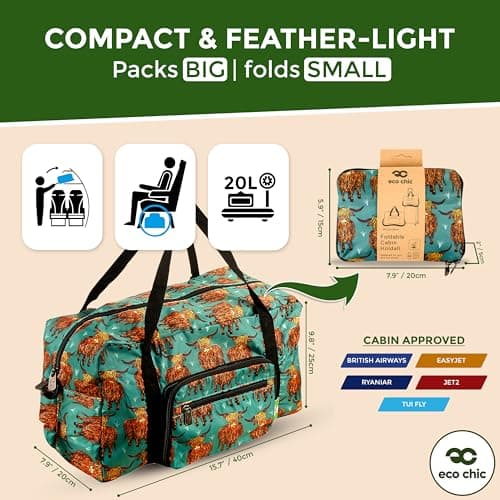 Eco Chic Recycled Cabin Holdall Bag, 40x20x25 for Ryanair Underseat Carry-On Luggage, Lightweight Foldable Water-Resistant Travel Duffle (Highland Cow Teal) — view 3
