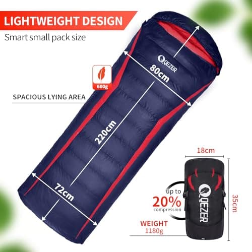 QEZER Down Sleeping Bag,Lightweight Rectangular Winter Sleeping Bag [1180g/1860g] for Adults and Kids 4 Season Camping, Hiking,Warehouse and Moutaineering Outdoor (Blue, 600g down) — view 2