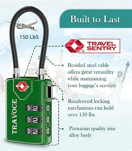 Search Alert TSA Approved Travel Combination Luggage Cable Locks for Suitcase, Gym Locker,Toolbox,Backpack 1,2,4,6 &10 pk - Green - — view 6