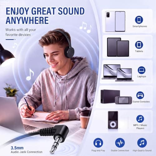 Konohan 10 Pack Bulk Wired On-Ear Headphones with 3.5mm Jack Adjustable Lightweight Individually Wrapped Headphones for Students Classroom School Library Office Travel (Black) — view 4