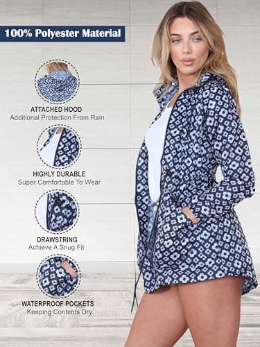 kraftd Womens Raincoat Ladies Rain Jackets Waterproof Showerproof Lightweight Hooded Rain Mac (Emma-Navy Lines, XL) — view 3
