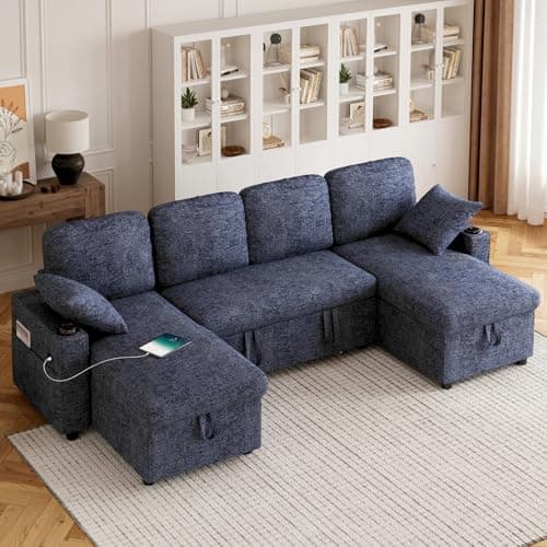 Corner Sofa Bed, Convertible U-Shaped Sofa with Double Storage Chaise, USB & Type-C Ports, 4 Seater Pull Out Sofa Couch Bed with 2 Cup Holders and 2 Pillows for Living Room, Chenille Blue — view 4