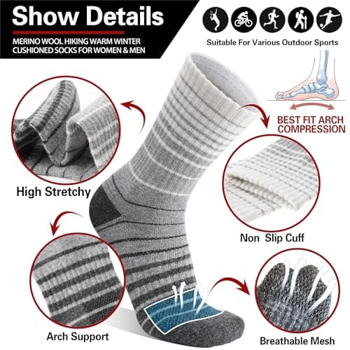 Welwoos Merino Wool Walking Hiking Socks for Women Men Thermal Winter Warm Cosy Crew Work Gift Socks Stocking Fillers 5 Pairs(Mixed, 3-7) — view 3