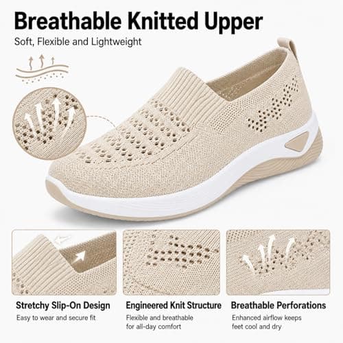 Women’s Slip On Walking Shoes, Lightweight Breathable Knitted Casual Trainers, Laceless Pull On Comfort Trainers for Ladies, Everyday Walking, Work, Travel and Outdoor Wear Beige — view 4