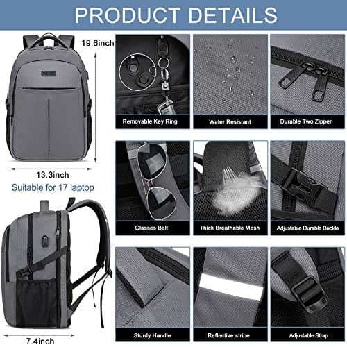 WENIG Extra Large Rucksack for Men 50L,Water Resistant 17.3 inch Travel Laptop Backpack Work Bag with USB Charging Port,Anti Theft Big Business Computer Backpack for Men Women College School-Grey — view 4