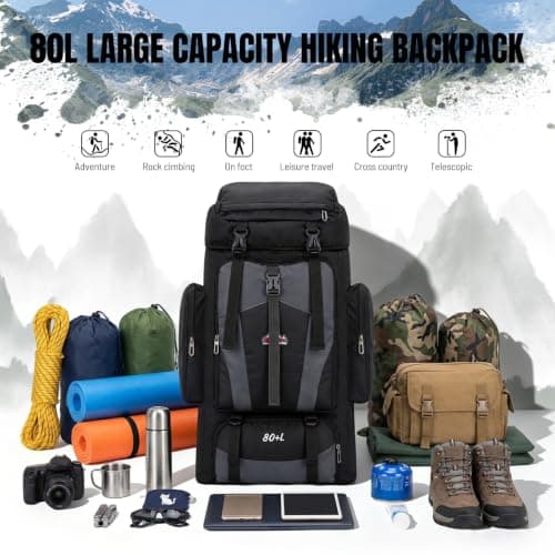 80L Hiking Camping Backpack Men Women Waterproof Large Capacity Hiking Rucksack Travel Backpack Outdoor Sport Travel Daypack Bag Molle Rucksack for Camping Hunting Travelling Trekking Climbing — view 2