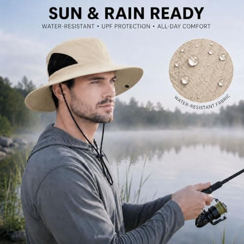 newhsy Wide Brim Sun Hat Mens UPF50 Breathable Mesh Foldable Bucket Safari Hat for Fishing Hiking Travel (Khaki) — view 3