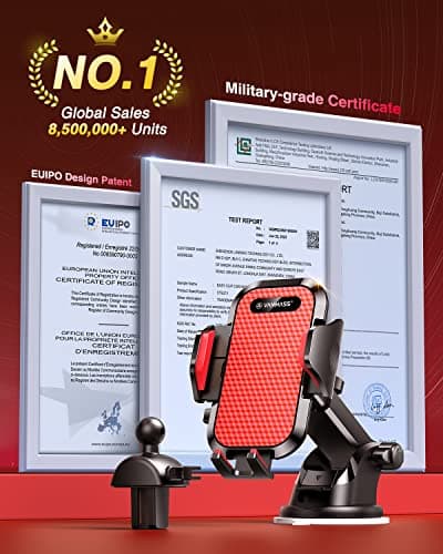 VANMASS Car Phone Holder 2026 BEST【85+ lbs Strongest Suction & Vent Clip】True Military-Grade Patent Universal Mobile Vehicle Mount Dashboard Windscreen Van Cradle for 17 Pro Max 16 15 14 Samsung, Red — view 2