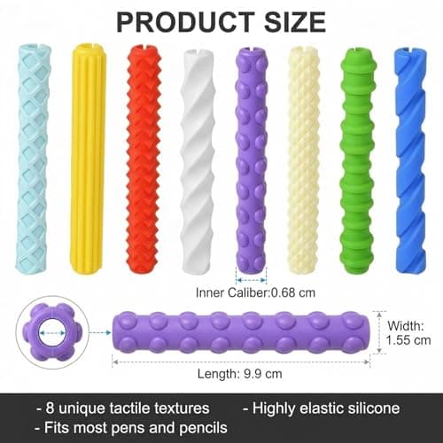8-Pack Textured Silicone Pencil Grips – Sensory Fidget Sleeves for Kids & Adults, ADHD & Autism Anxiety Relief, Quiet Classroom & Travel Fidget Tool for Focus, Fidget Gifts Christmas Stocking — view 2
