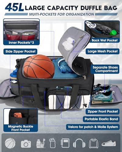 RAINSMORE Sports Gym Bag for Men Women, 45L Large Duffel Bag with Shoe Compartment and Wet Pocket, Water Resistant, 3-in-1 Travel Holdall Weekender Black — view 3