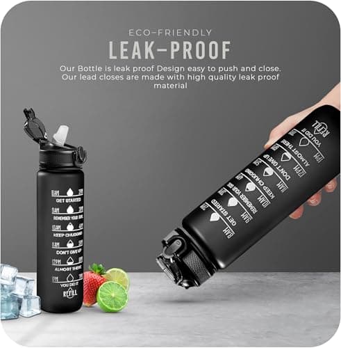 Roe Tenpo Sports Water Bottle with Straw and Time Marking, and 32OZ Capacity - Motivational and Eco-Friendly BPA-Free Bottle for Running, Gym, Yoga, Outdoors, and Camping (Style-1, Black) — view 4