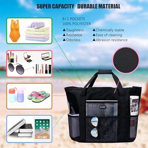 Satuun Travel Tote Bag Large, Waterproof Beach Tote with 8+1 Compartments, Durable Polyester Tote Bag with Removable Colored Strap, Lightweight Foldable for Travel, Beach & Outdoor — view 4