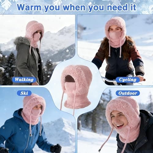 Ashloter 3 in 1 Beanie Hat for Women, 3in1 Thermal Winter Balaclava Knitted Hood with Scarf and Face Mask, Windproof Warm for Outdoor Skiing Hiking Running Skiing Cycling Ladis Men (Pink) — view 3