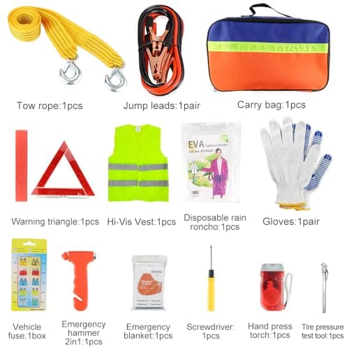 Car Emergency Breakdown Safety Kit 13-in-1 Vehicle Europe Travel Driving Kit with Jump Leads,Tow Rope,Warning Triangle,Hi-Vis Vest,Emergency Hammer/Rain poncho/Blanket etc — view 2