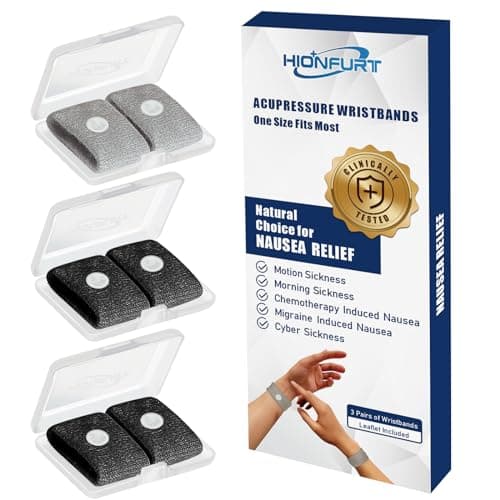 Hionfurt Travel Sickness Bands for Adults and Kids Motion Sickness Wristbands for Car and Sea Sickness Anti Nausea and Pregnancy Morning Sickness Relief Acupressure Bands - 3 Pairs Grey, Black, Black