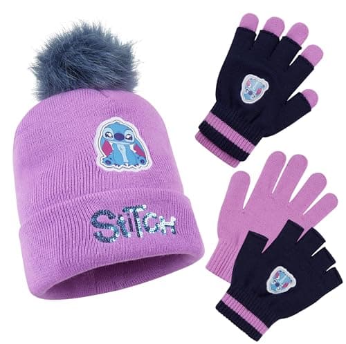 Disney Stitch Girls Beanie Scarf Teenagers Kids Gloves Winter Accessories School Travel Stitch Gifts, Choose from Sets (Purple Stitch 2 Pcs)
