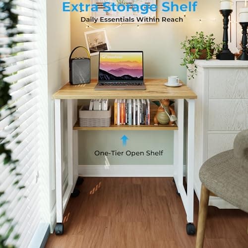 GreenForest Folding Desk 63 cm with Storage Shelf and Wheels, Oak — view 5