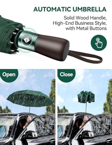 TECKNET Umbrella Windproof Strong Real Wood Handle Auto Open Close Vented Double Canopy - Portable Compact Folding Travel Umbrella, Strong Fiberglass Frame for Men and Women — view 4