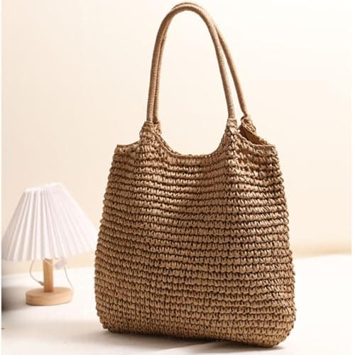 Beach Bags for Women Summer Travel Tote Shoulder Bag Straw Knitted Fashion Handbags (Red) — view 5