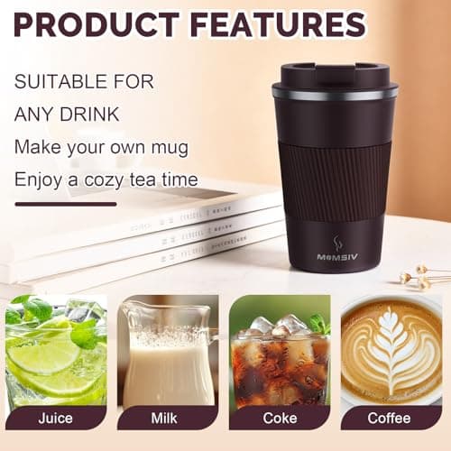 MOMSIV Coffee Cup, Insulated Coffee Cup with Leakproof Lid, Non-Slip Vacuum Reusable Stainless Steel Eco-Friendly Travel Office Mug for Hot and Cold Water Coffee and Tea, 380ml/13oz(Brown) — view 4