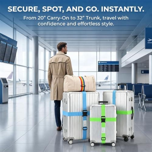 6 Pcs Adjustable Luggage Straps for Suitcases - 2 SkyBlue + 2 Green Personalised Luggage Belt with Luggage Labels for Travel, Flight, Vacation, Trip, 2 Elastic Bungee Straps Add Bag for Trolley Case — view 2