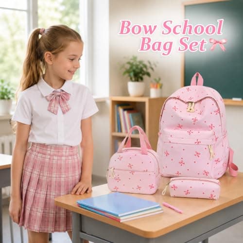 3-Piece Bow School Bag Set, Adorable Bow Bag, Pink Girls Backpack for School, Polyester Backpack + Lunch Bag + Pencil Case, for Teens Students Daily Use, Commute Travel Hiking Camping — view 4