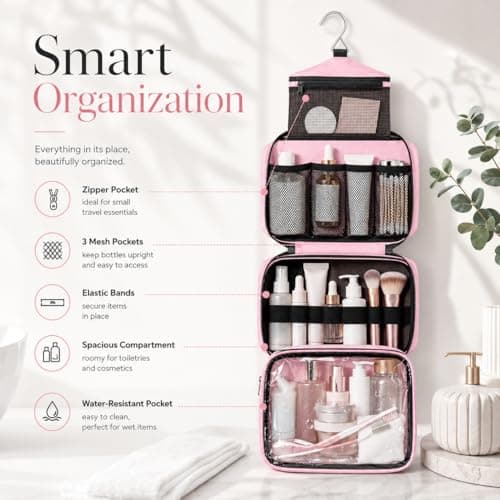 Maliton Hanging Toiletry Bag, Waterproof Foldable Wash Bag (Pink) — view 3