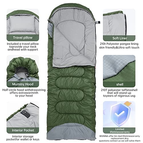BISINNA Sleeping Bag with Pillow - 4 Season Lightweight Waterproof Warm Sleeping Bag with a compression sack for Adults, Women, Men's Outdoors Camping, Hiking — view 3