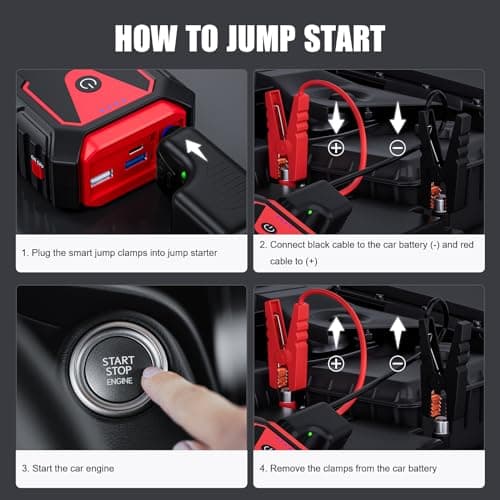 Povasee 5000A Jump Starter Power Pack, Car Battery Booster Jump Starter for 12V Vehicle (Up to 10L Gas/8L Diesel), Car Starter Power Bank with LED, 2 USB Outputs, Jump Pack with Jump Leads — view 6