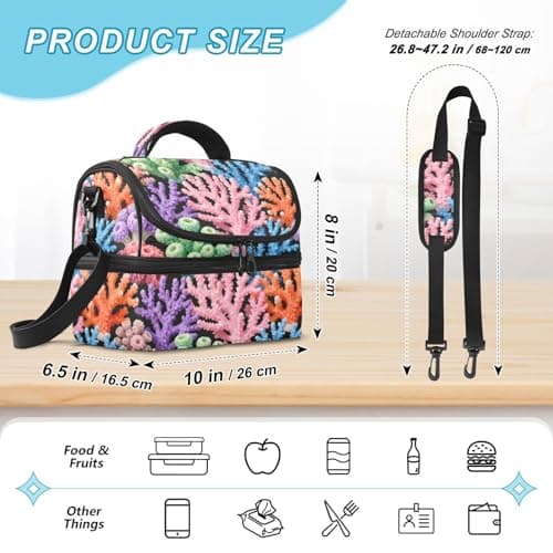 Caihoyu Double-layer Lunch Bag Colorful Corals Lightweight Leakproof Bags with Shoulder Strap for Beach, Camping, Road Trips — view 3