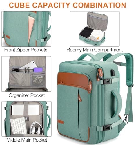 Lumesner Carry on Backpack, Extra Large 40L Flight Approved Travel Backpack for Men & Women,Expandable Large Suitcase Backpacks With 4 Packing Cubes (Green) — view 4