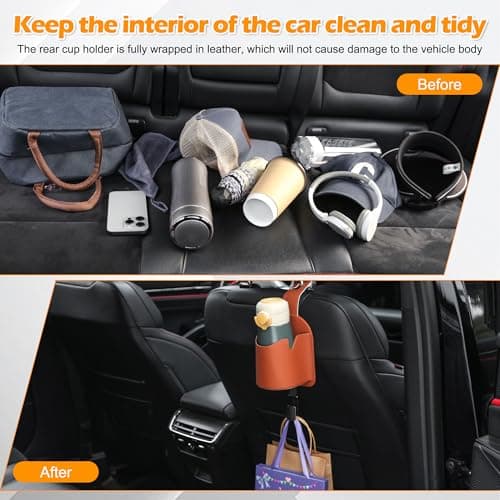Qirc Car Seat Back Cup Holder, Multifunctional PU Leather Auto Storage Organizer with Headrest Hook, 3 in 1 Universal Car Hanging Drink Holder for Purse Phone Handbag Grocery Bags (Orange) — view 2